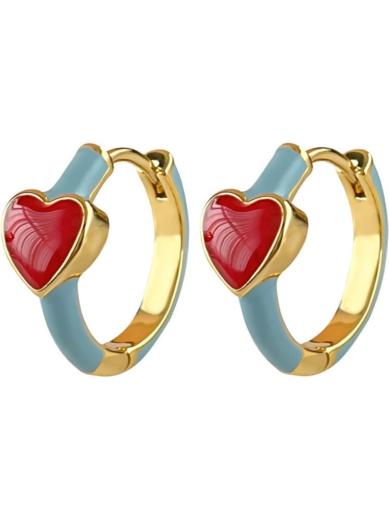 Playful Gold-Tone Heart Hoop Earrings With Blue Enamel & Red Charm - Everyday